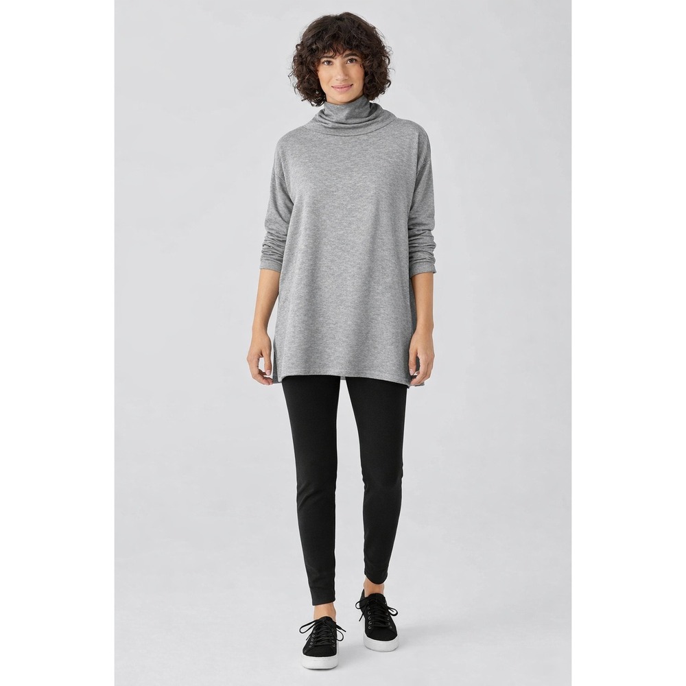 Eileen Fisher Cozy Brushed Terry Fleece Hug Funnel Neck Long Top Grey XS